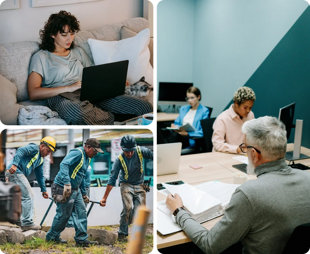 Des collaborateurs au travail en usine, en magasin, sur le terrain et au bureau